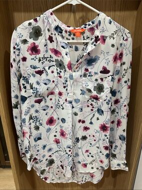 Joe Fresh White Floral Blouse with Pink, Blue and Gray Prints